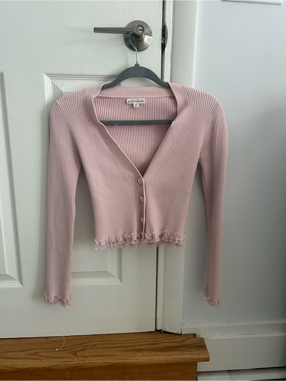 For Love and Lemons Pink Ribbed Button-Front Cropped Cardigan